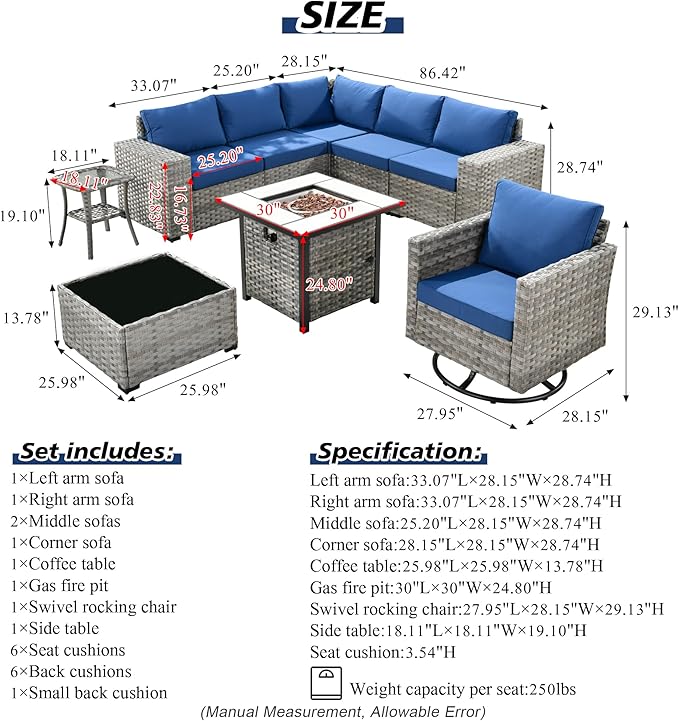 HOOOWOOO Outdoor Patio Sectional Furniture Sofa Set with Propane Gas Fire Pit Table,9 Piece Modern Wicker Couch with Swivel Chair,Modular L Shaped Conversation Seating Set with Wide Arm(Navy Blue)