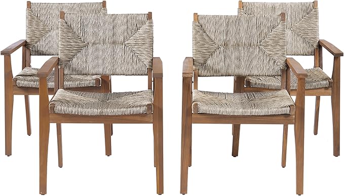 Merax 5-Piece Outdoor Dining Set, 47.24'' Round Acacia Wood Table & 4 Wicker Armchairs, Patio Furniture Set for Garden Balcony Deck, Brown Finish