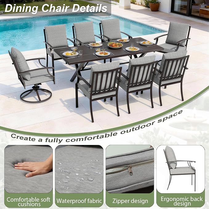 10 Piece Outdoor Dining Set for 8, Patio Table and Chairs Set with Umbrella, Metal Patio Furniture Set with 2 Swivel Chairs, Outdoor Table and Chairs with Cushions for Lawn, Garden, Yard-Grey
