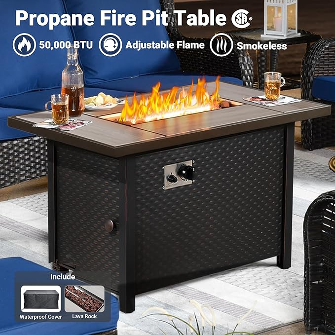 ovios 6-Pieces Patio Furniture Set with 42 Inch Fire Pit Table, Outdoor Wicker Sofa Couch Ottomans Comfy Cushions, High Back Modern Conversation Set, Brown Rattan, Navy Blue