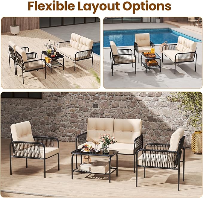Tangkula 8 Pieces Patio Furniture Set, PE Rattan Sofa Chairs with Loveseat, Tempered Glass Coffee Table and Soft Cushions, Outdoor Conversation Set for Porch, Backyard, Garden and Poolside