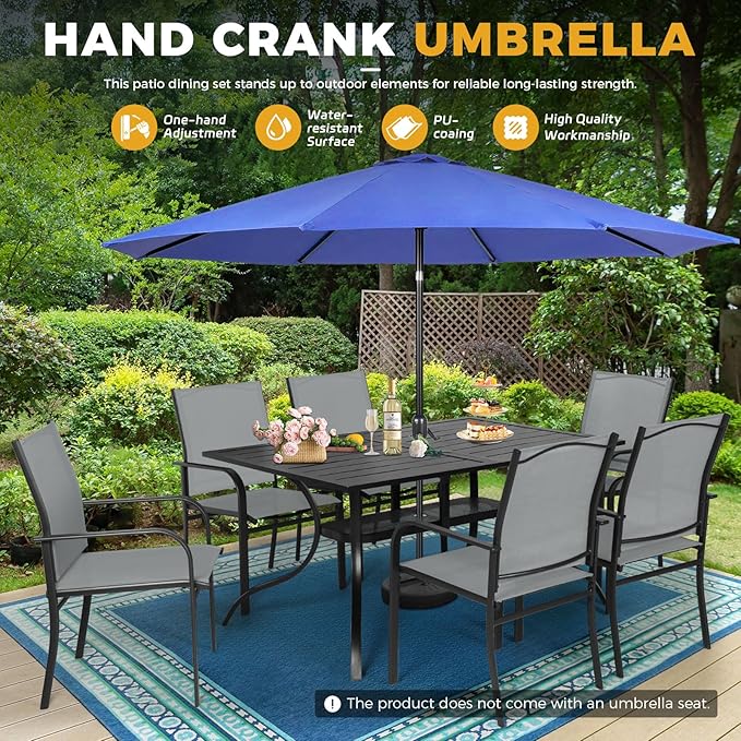 Incbruce 8 Pieces Patio Dining Set with Dark Blue Umbrella, Outdoor Dining Set of 6 Textilene Chairs and Rectangle Table with Umbrella Hole for Backyard, Garden, and Poolside (Grey)