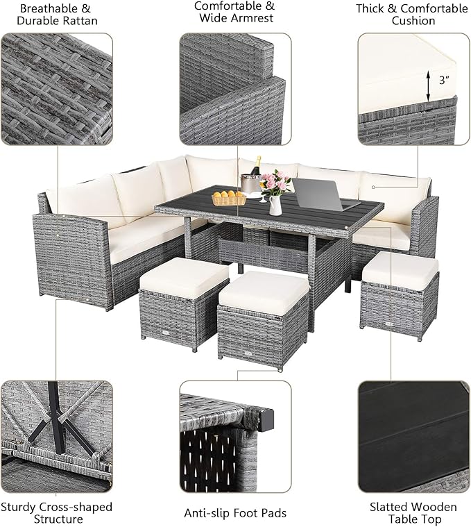 HAPPYGRILL 7 Pieces Rattan Wicker Patio Conversation Set, Outdoor Patio Furniture Set with Cushions, Rattan Sofa Set with Dining Table & Ottomans for Poolside Backyard Balcony Garden (Beige)