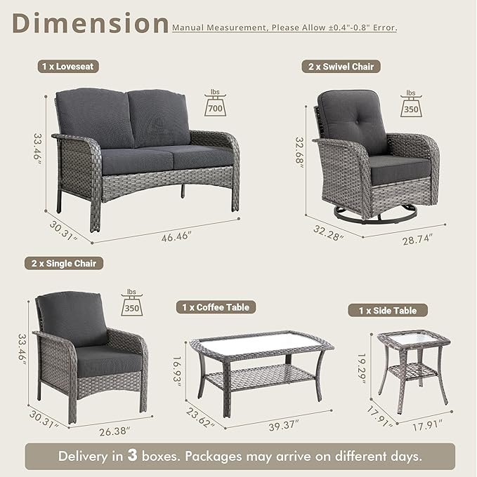 Weaxty 7 Pieces Patio Furniture Set,Wicker Outdoor Swivel Rocking Chairs,Rattan Loveseat Couch,Coffee Table,Patio Sofa Conversation Sets for Deck Backyard Porch Poolside, Black