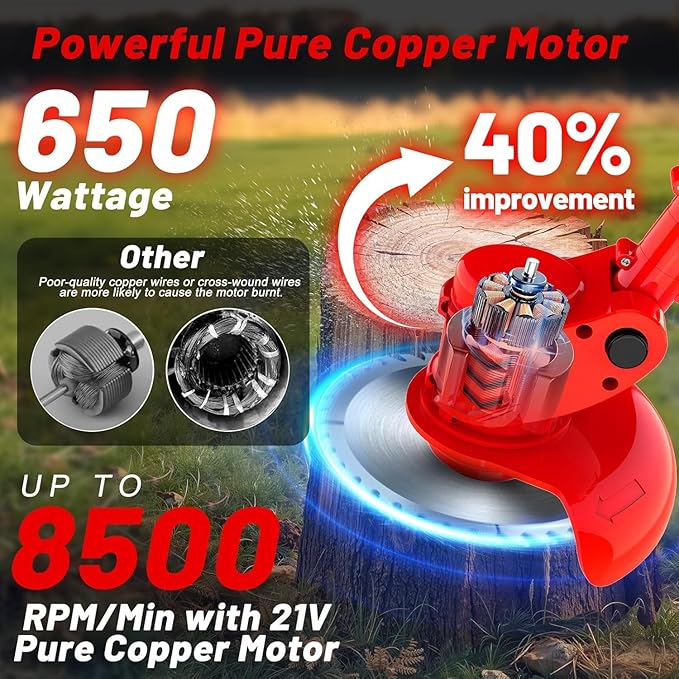 Electric Weed Wacker Cordless Weed Eater Battery Powered 21V, 4-in-1 Brush Cutter/String Trimmer/Grass Trimmer/Lawn Mower, 6 inch Lightweight Edger Stringless Weed Trimmer with Blade, 2 Battery