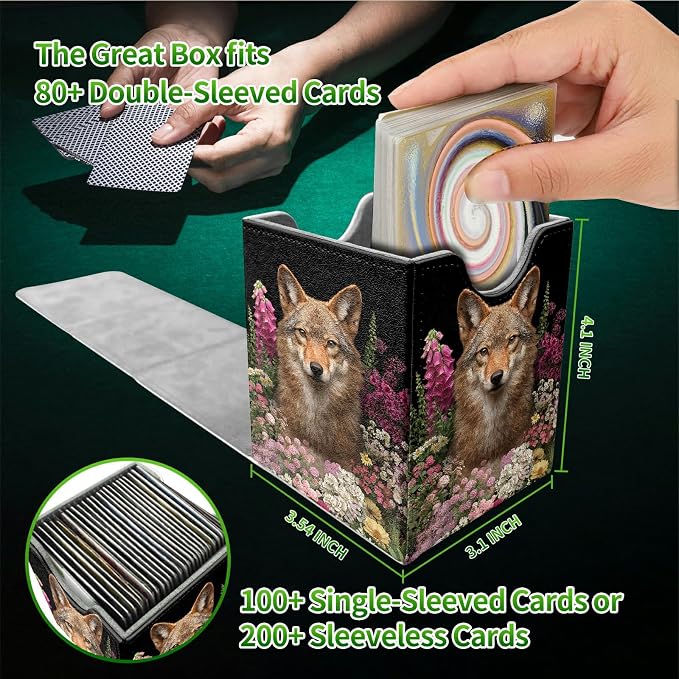 Flower Wolf Card Deck Box for MTG, Personalized Card Storage Case Fits 120+ Sleeved Cards, Premium Leather TCG Box with Strong Magnetic Closure for Magic, CCG, PTCG, Baseball Cards
