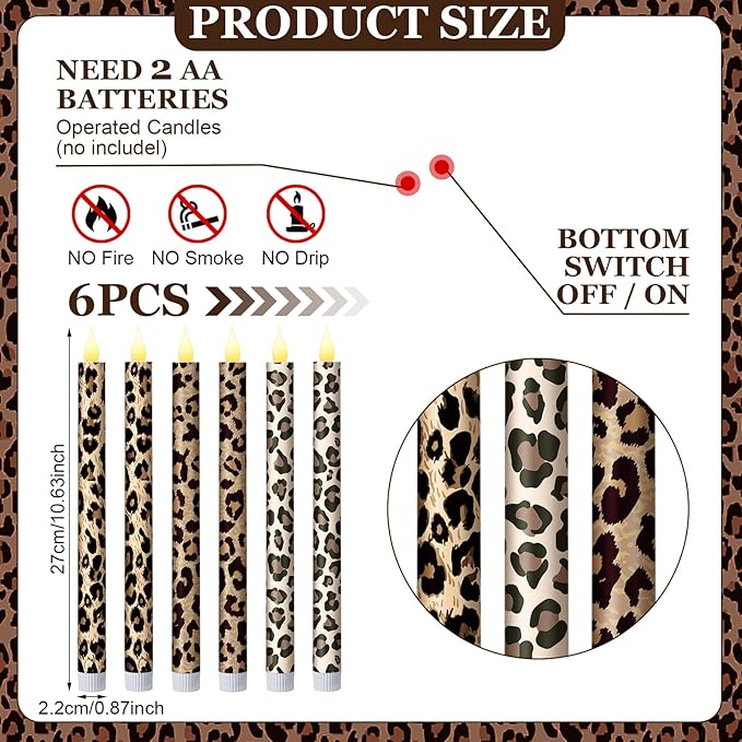 Honoson 6 Pcs Leopard Flameless Taper Candles 10.6 Inch Wild Safari Cheetah Print Candles Battery Operated LED Candlesticks for Animal Theme Jungle Birthday Party Dinner Table Home Bathroom Decor