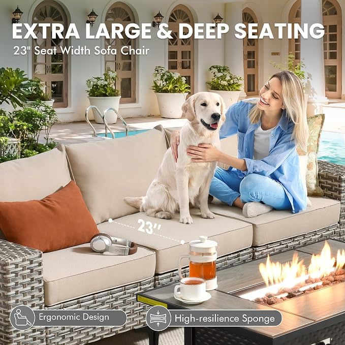 8 Pcs Patio Outdoor Furniture Set - All Weather Wicker Outdoor Sectional Sofa Couch with Swivel Fire Pit Table and Rocking Chairs e,Patio Rattan Conversation Set for Garden Deck Yard,Beige
