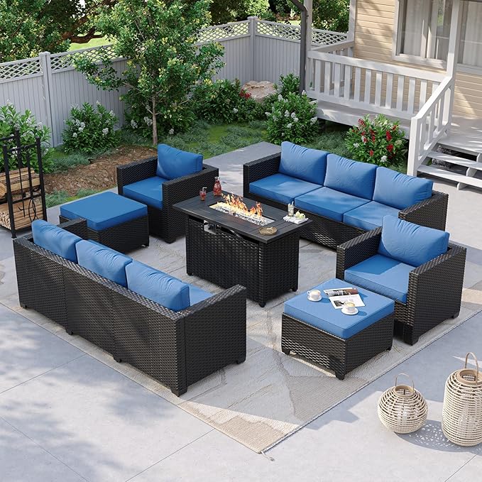 Aoxun 7 Piece Patio Furniture Set with Fire Pit Table, 10 Seats Outdoor Furniture Set with Wicker Ottomans, Rattan Outdoor Sectional Sofa with Thickened Cushion & Waterproof Cover Navy Blue