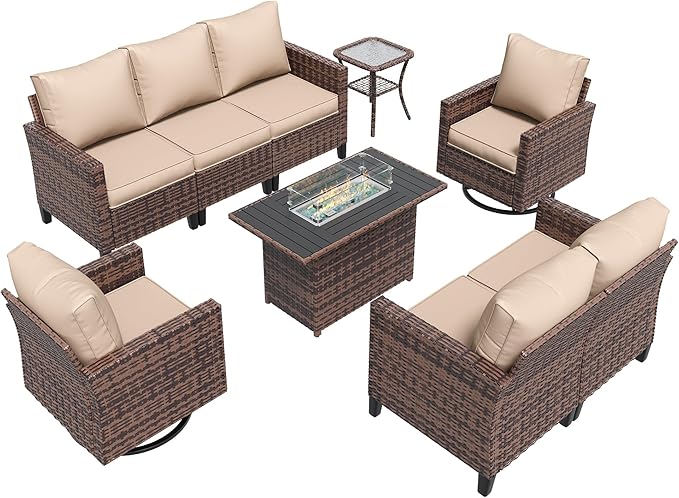 Amopatio Patio Furniture Set, 6-Piece Wicker Outdoor Sectional Sofa with Swivel Rocker Chairs, All-Weather Rattan Conversation Set with Fire Pit Table and Waterproof Cover for Backyard Brown/Khak