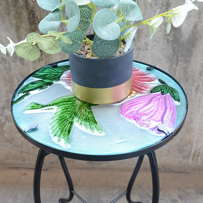 Hummingbird Patio Side Table, Small Patio Outdoor Side Table, Plant Table,Metal Glass End Table for Porch Garden Yard Pool.