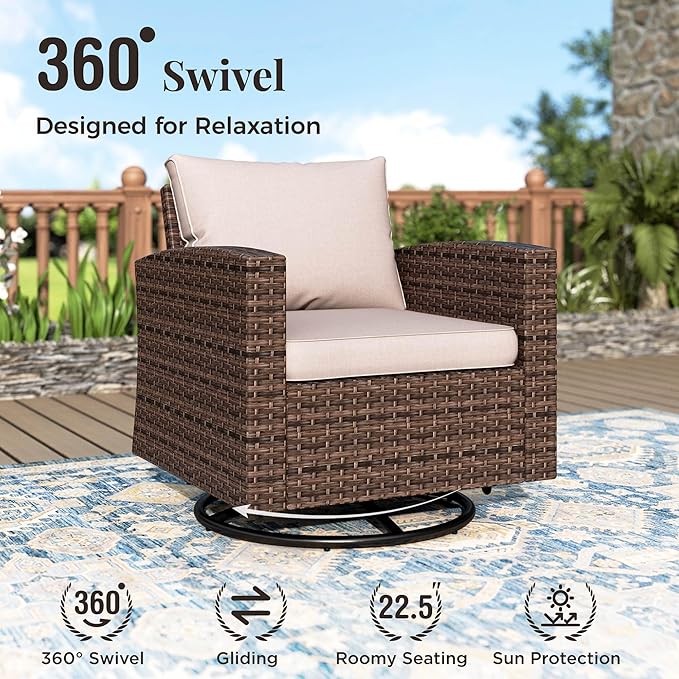Swivel Glide Outdoor Patio Furniture Set, 6 Pcs Wicker Patio Conversation Set, 2 x Swivel Chairs, 1 x 3 Seater Sofa and 2 x Ottomans with 4" Thick Cushions and 56" Fire Pit Table, Beige
