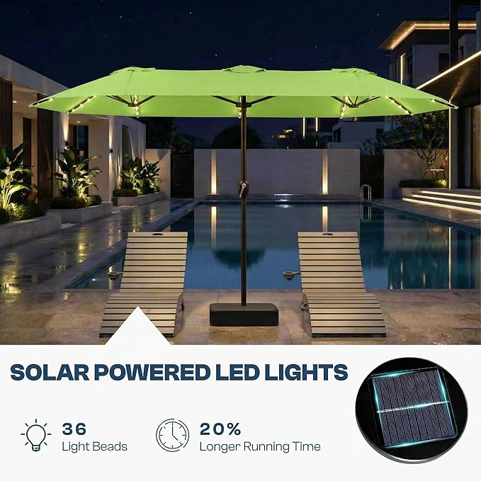 15FT Patio Umbrella with Solar Lights, Double-Sided Extra Large Outdoor Table Umbrella with Base Included, Heavy-Duty 12 Iron Ribs Market Umbrella for Garden, Pool, Backyard, Apple Green