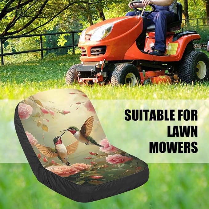 Lawn Mower Seat Cover with Pockets, Hummingbird Pink Floral Non-Slip Tractors Seat Cushion Tractor Decor Tractor Accessories for Men Women