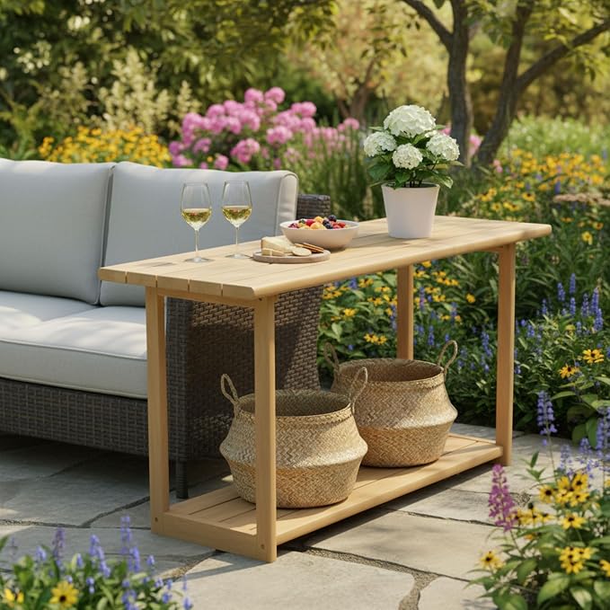 Merax Patio Outdoor Acacia Wood Rectangular Side Table with Shelf, Patio Buffet & Console Table for Backyard, Lawn, Balcony, Light Teak
