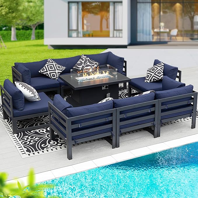 BULEXYARD 9 Piece Large Modern Aluminum Outdoor Patio Furniture Set with Fire Pit Table, 29 inch Wide Deep Seat, Rust Proof Comfy Sectional Sofa, 500 lbs Sturdy Front Yard Conversation Set, Navy Blue
