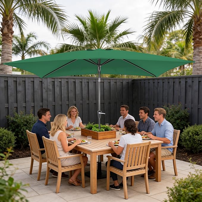 HASLE OUTFITTERS Rectangular Patio Umbrella, 6.5 x 10 ft Rectangle Table Umbrellas w/Heavy Duty Ribs, Effortless Crank and Push Button Tilt, Wind Resistant Sun Umbrella for Outdoor Patio, Dark Green