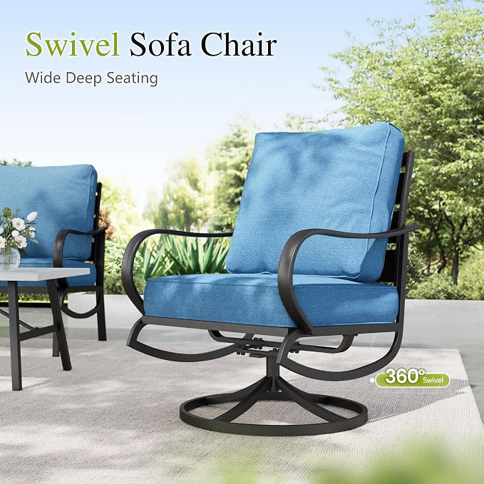 Sophia & William Patio Furniture Sets for 9 with 45" Gas Fire Pit Table Outdoor Conversation Sets 8 Pcs, 2xSofa Chairs, 2xSwivel Cushion Chairs, 1x3-Seat Sofa, 2xOttomans for Porch Poolside Navy