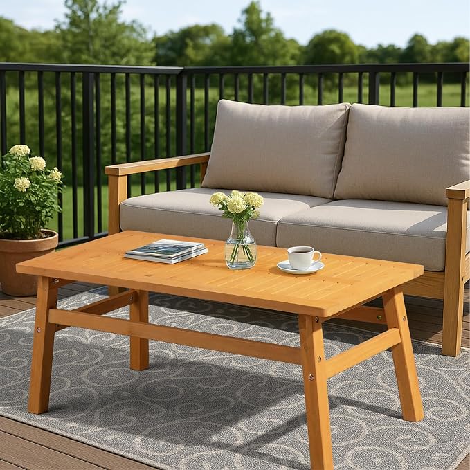Patio Coffee Table, Outdoor Wood Coffee Table, 42" Farmhouse Side Table for Patio, Solid Cedar Wood Accent Table with Slatted Tabletop for Garden Poolside Lawn Living Room, Teak Wood Finish