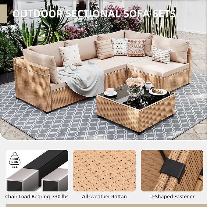UPHA 5 Pieces Patio Furniture Sets, Wicker Outdoor Sectional Sofa Couch with Coffee Table, Patio Conversation Set for Deck Backyard Garden, Beige Rattan, Beige Cushion