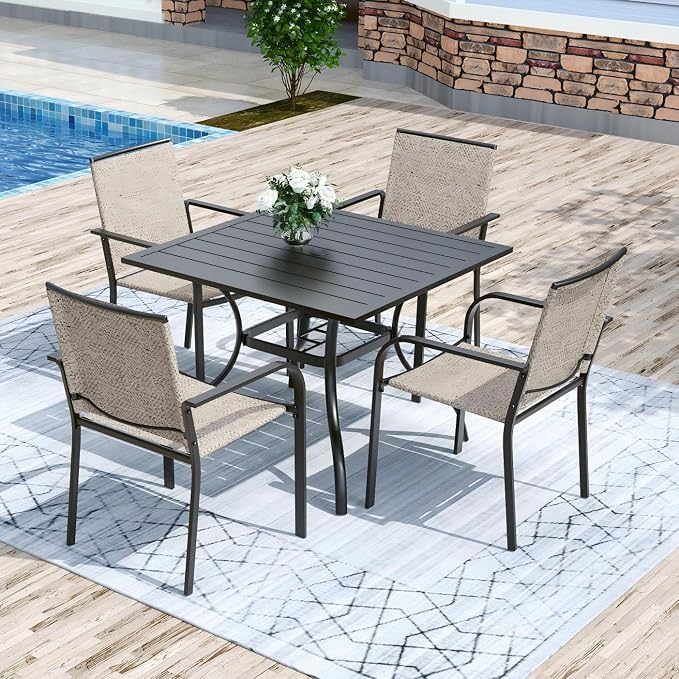 Anmutig 5-Piece Outdoor Dining Set, 35" Square Table with 1.57" Umbrella Hole, 4 Stackable Chairs, Black Steel Frame Beige White Fabric