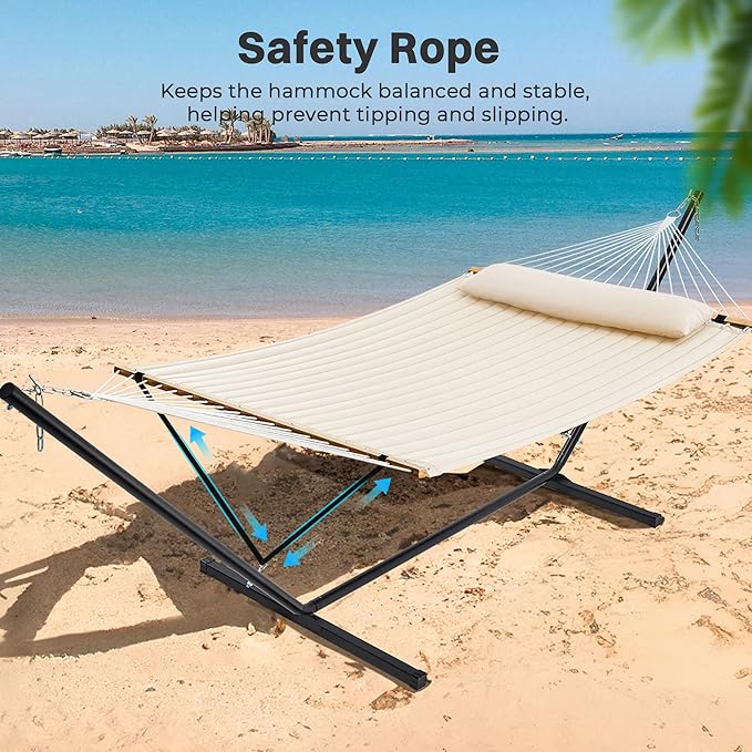 SUPERJARE Hammock with Stand, 2 Person Quilted Outdoor Hammock, Detachable Pillow & Bamboo Spreaders, Portable Hammock with Carrying Bag, Heavy Duty Stand, Perfect for Outside, Patio, Cream Beige