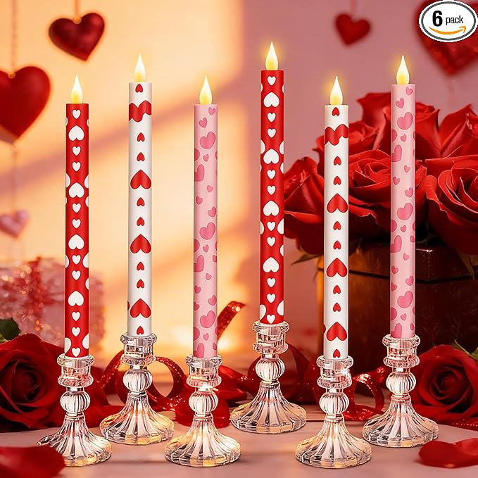 Honoson 6 Pcs Valentine Day Flameless Taper Candles 10.6 Inch Heart Shaped Candles Battery Operated LED Candlesticks for Valentine Wedding Anniversary Dinner Table Home Party Decor