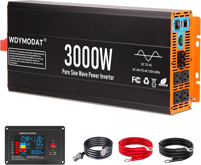 3000W Pure Sine Wave Inverter,24V DC to 120V AC Car Power Inverter 6000W Peak with 4 AC Outlets, 3.0A USB and Type-C, LCD Display 16.5 ft Remote Control for RV Truck Travel Solar Emergency
