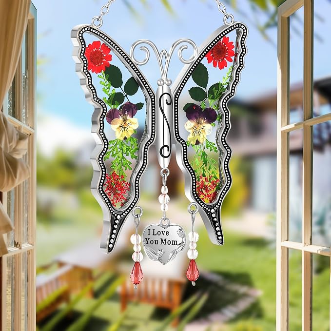 KY&BOSAM Mom Gift Butterfly Glass Pressed Flowers Suncatcher Window Hanging | I Love You Mom Charm Sun Catchers Wind Chime Ornament,Metal & Dried Flowers,Mothers Day Gifts for Mom Birthday Christmas