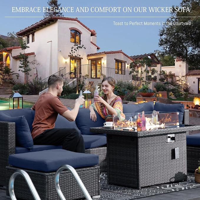 BULEXYARD 11 Piece Large High Back Grey Rattan Patio Furniture Sets with Firepit Table and Loungers, Comfortable Deep Wide Seat Outdoor Sectional Conversation Sofa, Gray Wicker and Navy Blue Cushion
