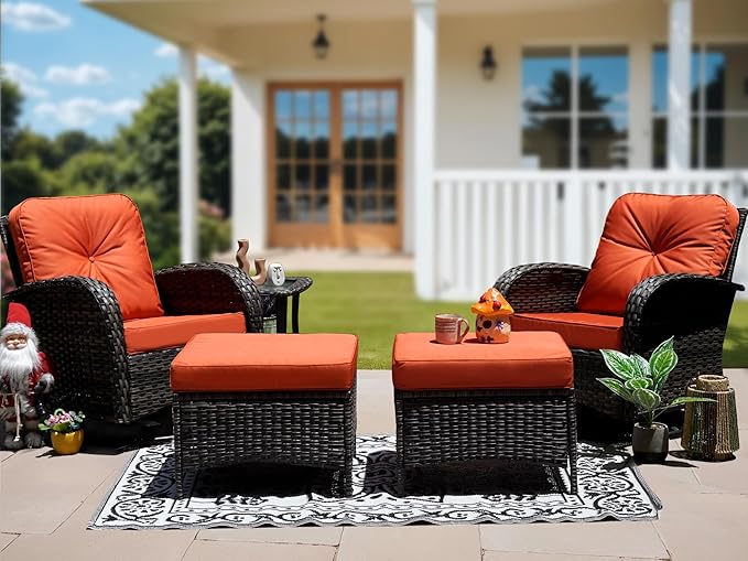 Patio Furniture Conversation Set with Ottomans, 5 Piece Wicker Patio Swivel Rocking Chairs with 360° Swivel Glider and Glass Coffee Table for Porch, Deck, Garden,Red