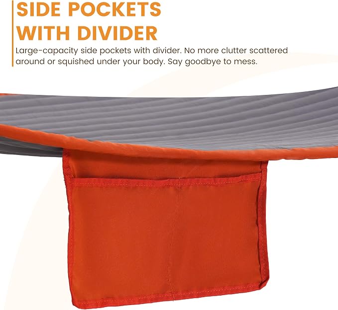 Lazy Daze Hammocks 2 Person Double Quilted Hammock with Spreader Bar, Detachable Pillow & Side Pocket, 450lbs Capacity for Patio Yard Garden Outdoor, Grey & Orange