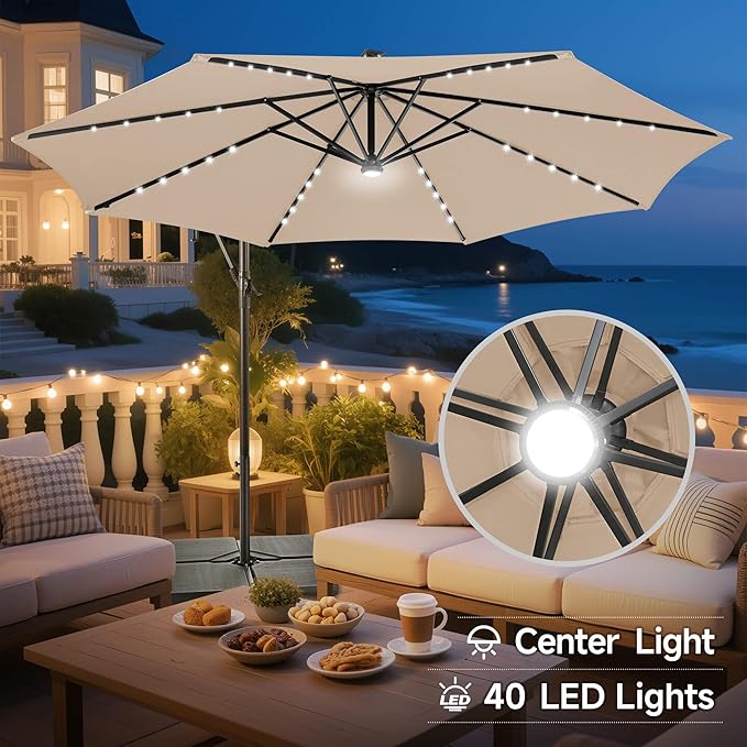 Solar Offset Patio Umbrella - 10 FT Solar Cantilever Umbrella Outdoor with 40 LED Lights and Cross Base, UV Protection for Garden, Deck, Backyard, Pool, Porch, Beige