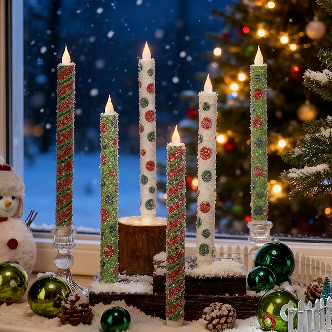 Christmas Elf Flameless Taper Candles - 6PCS Glitter Christmas Green Elf Theme Flickering LED Battery Operated Sea Salt Candles with Remote, Real Wax Party Decoration Candlesticks, Xmas Table Decor