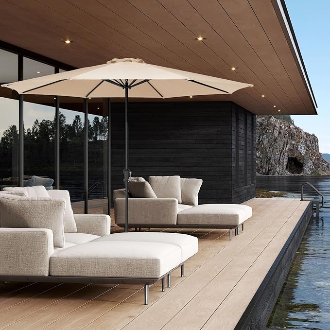 JEAREY 11' Patio Umbrellas Outdoor Table Market Umbrella w/Crank, 8 Sturdy Ribs, UV Protection Windproof for Garden, Deck, Backyard, Pool(Beige)