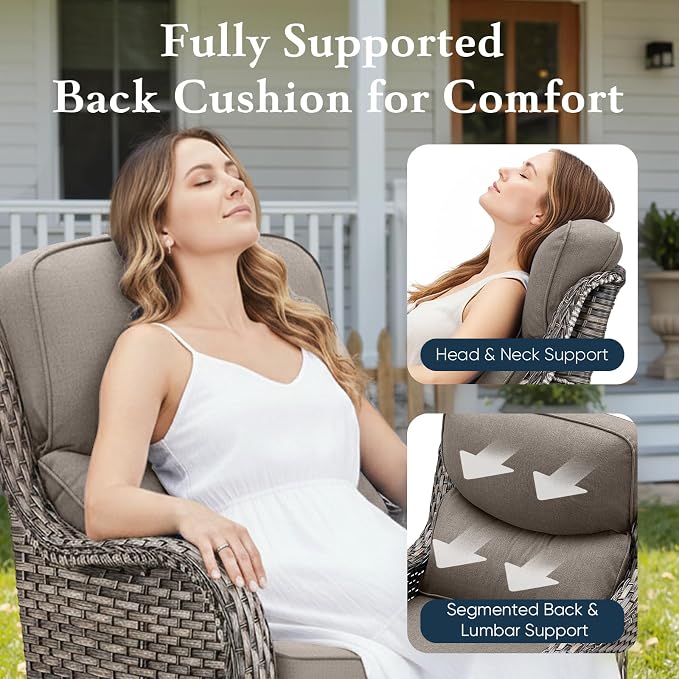 Belord Luxury 6" Thick Cushioned Outdoor Swivel Rocker Patio Chairs with Side Table, High Back Wicker Furniture Set with Ergonomic Zone Back, Conversation Glider Set for Deck Porch - Grey+Grey