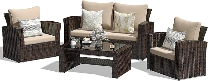 4-Piece Outdoor Patio Furniture Set, All Weather Wicker Rattan Sectional Sofa Conversation Seating Set with Cushions & Large Glass Coffee Table, Ideal for Garden Backyard Porch, Beige