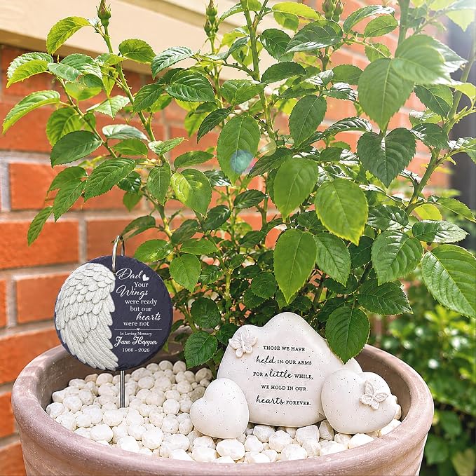 Custom Memorial Garden Stone for Loss of Loved One, Angel Wing Garden Stones in Memory of Dad Mom, Sympathy Gift Fathers Day, Weatherproof Outdoor Memorial Plaque Stones, Remembrance Natural Stone