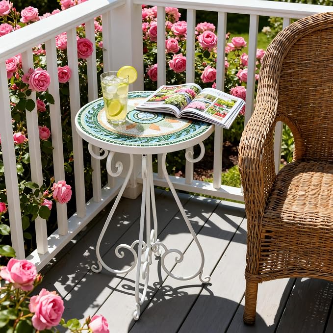 Vintage Outdoor Side Table Round Mosaic Ceramic Tile Top 14" Diameter Metal Plant Stand for Flower Pots Vase Garden Home Porch Pool Indoor Decor Weather Resistant Outside Patio Accent End Furniture