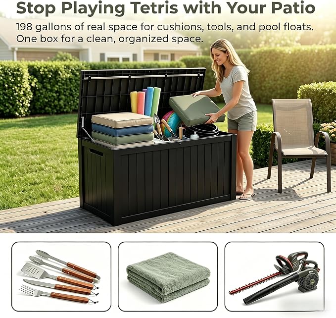 198 Gallon Resin Deck Box – Finally, a Lockable Outdoor Storage That Fits Everything (Cushions, Tools, Pool Gear & BBQ) – Weatherproof Wood Grain Design for Patio, Garden, Office, Home Indoor Outdoor