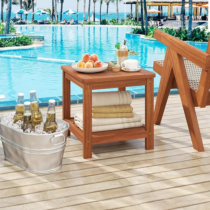 HAPPYGRILL 2-Tier Outdoor Wood Side Table with Storage Shelf, Patio Wooden End Table, Farmhouse Accent Nightstand, for Garden Yard Porch Deck Living Room (2)