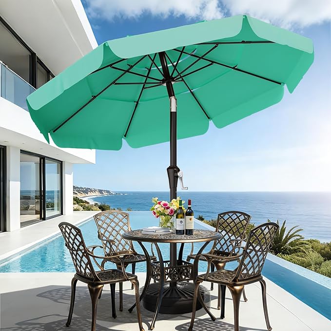AreShark 9FT 3-Tiers Patio Umbrella with Valance, Outdoor Umbrellas with Crank/Tilt, Table Market Umbrella Vented w/ 8 Sturdy Ribs for Garden, Deck, Backyard, and Pool, Aqua Sky