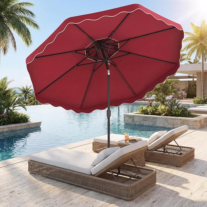 Happygrill 9 FT Patio Umbrella, Scalloped Outdoor Table Market Umbrella with Push Button Tilt & Crank, 2-Tier Vented Top, Heavy-Duty 8 Metal Ribs, Sun-Protective Canopy, Ruffle for Deck Pool Garden (Red)