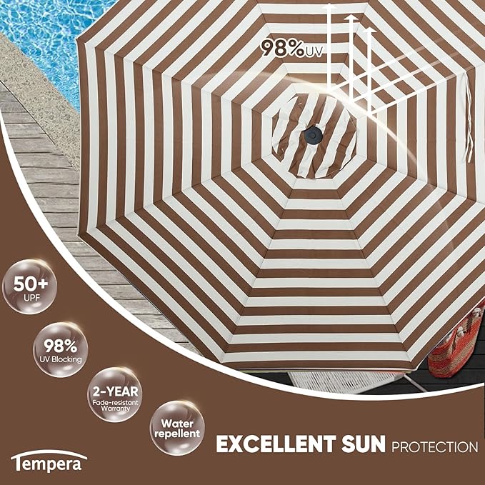 Tempera Patio Market Outdoor Table Umbrella with Auto Tilt and Crank, Large Sun Umbrella with Sturdy Pole & Fade Resistant Canopy, Easy to Set