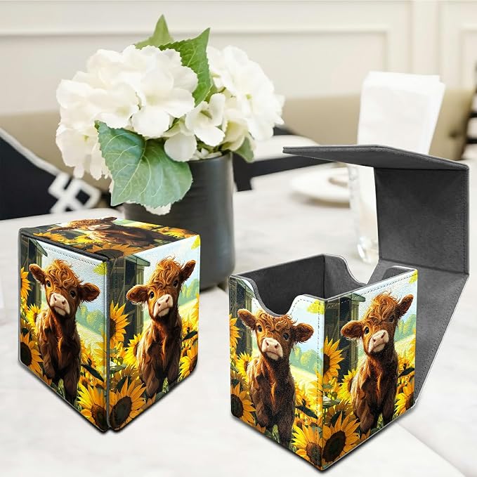 Sunflower Baby Cow Card Deck Box for MTG, Personalized Card Storage Case Fits 120+ Sleeved Cards, Premium Leather TCG Box with Strong Magnetic Closure for Magic, CCG, PTCG, Baseball Cards