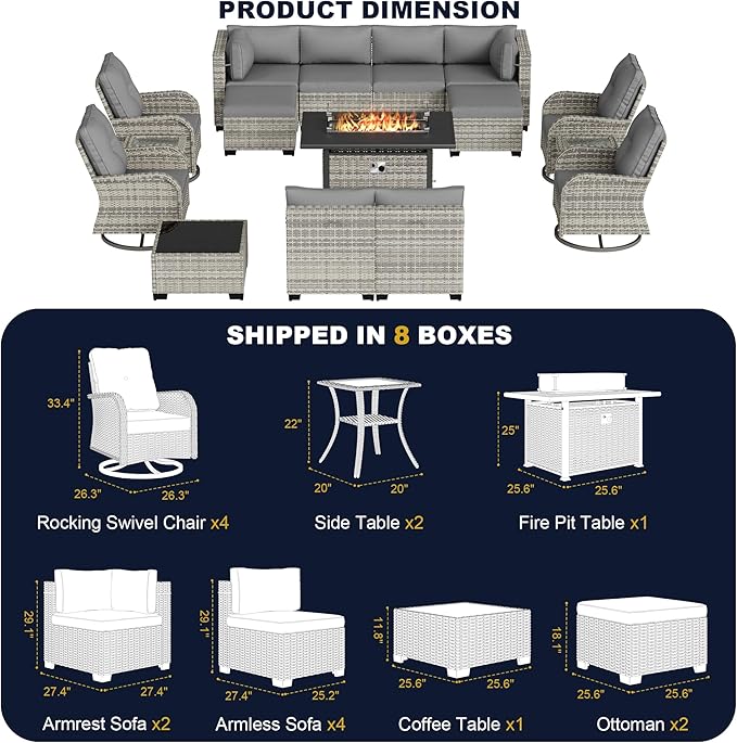 16-Piece Outdoor Patio Furniture Set with Rocking Swivel Chair, Wicker Rattan Sectional Sofa Conversation Set with 55,000 BTU Fire Pit Table with Ottomans, Backyard Furniture, Grey