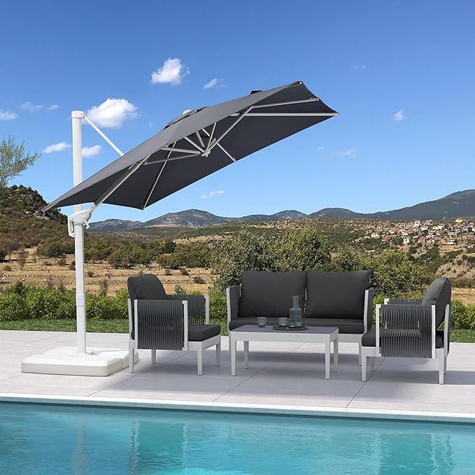 PURPLE LEAF 8 FT Patio Umbrella White Cantilever Umbrella Aluminum Square Outdoor Offset Umbrella Hanging Windproof with 360° Rotation for Garden Deck Pool, Light Grey