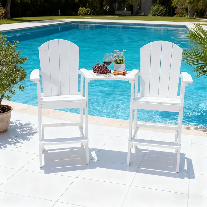 Outdoor Tall Adirondack Chairs Set of 2,Outdoor Bar Height Barstools Widened Chair with Wood Grain,High Backrests,Ideal for Patio,Camping,Pool,Outdoor Use.(White)