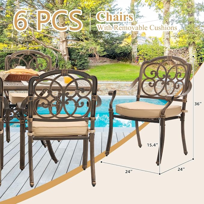 7-Piece Cast Aluminum Outdoor Dining Set, 60" Rectangular Table with 2 Umbrella Holes & 6 Stackable Chairs with 2.75" Cushions, Antique Brass Rustproof Patio Furniture for Garden