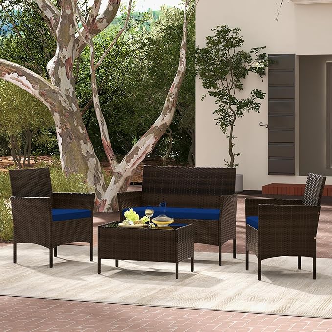 Tangkula 4 Piece Patio Rattan Conversation Set, Outdoor Wicker Furniture Set with Chair, Loveseat & Tempered Glass Table, Cozy Seat Cushions, Outside Sectional Sofa Set for Backyard